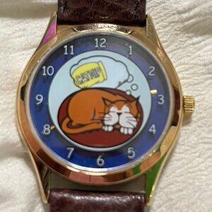 Cat-Themed Watch w/ Rotating Image WORKING Hand Cute Collectible Genuine Leather